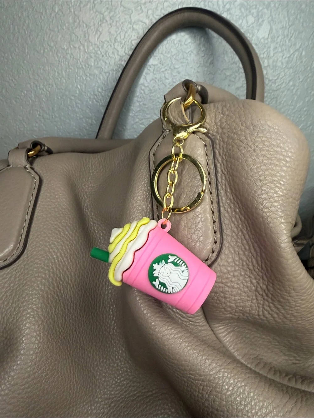 Starbucks Style Pink Frappuccino Bag Charm with Gold Hardware